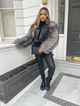 Load image into Gallery viewer, Silver fox fur sleeve leather coat
