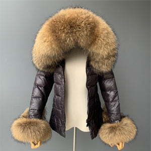 Raccoon cuff down padded coat