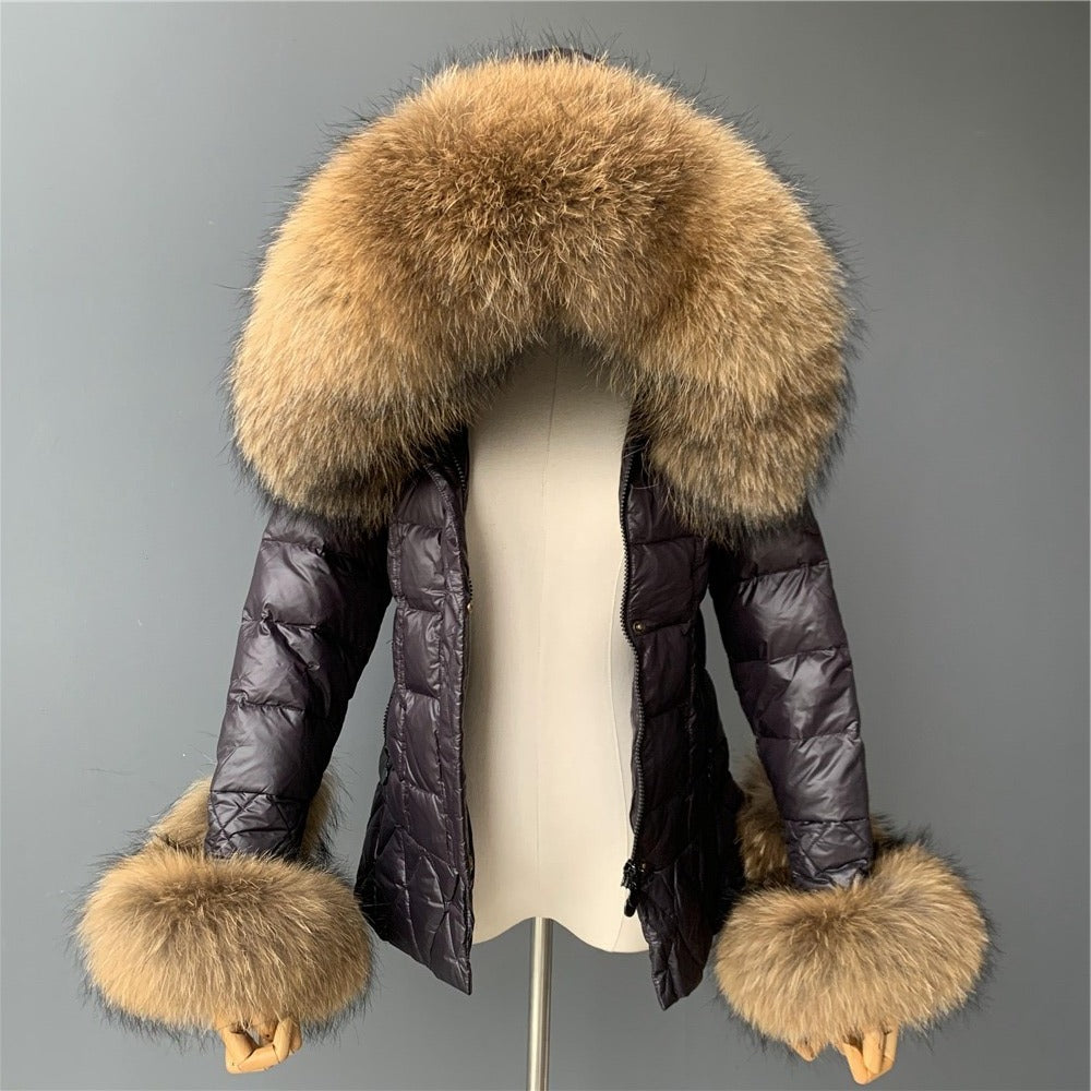 Raccoon cuff down padded coat