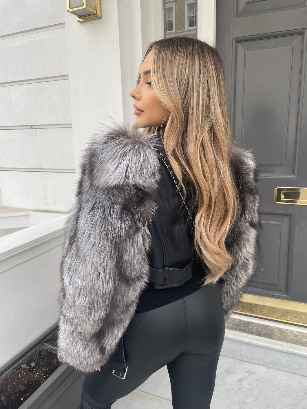 Silver fox fur sleeve leather coat